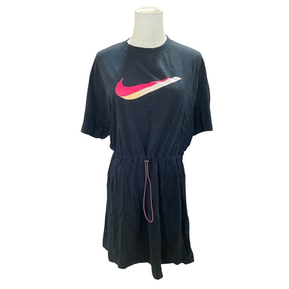Nike Womens Swoosh Drawstring Waist T-Shirt Dress Size L Black Short Sleeve